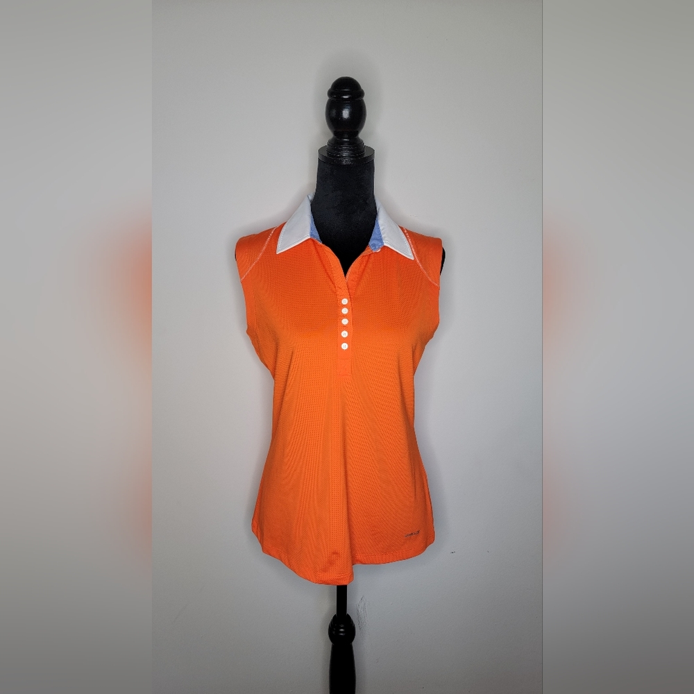 Annika Cutter &Buck Women's Sleeveless Orange  White Collared Buttoned GolfM 2